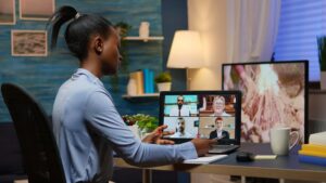 Black businesswoman on video conference working remotely