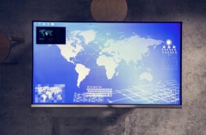 Cyber space table with a world map on screen