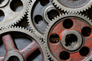 Group of old steel cogwheels