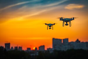 Two drone quad copters with high resolution digital camera flying